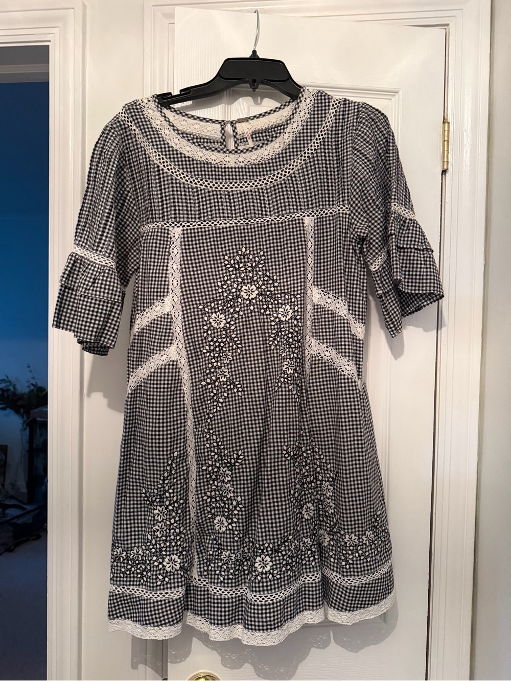 Free People Black and White Gingham Embroidered Mini Dress